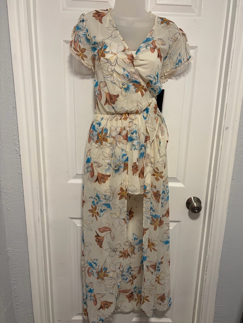 City Triangles Cream Floral Wrap Jumpsuit with Blue & Brown Accents